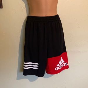 Great pair of long black, red and white sateen Adidas shorts